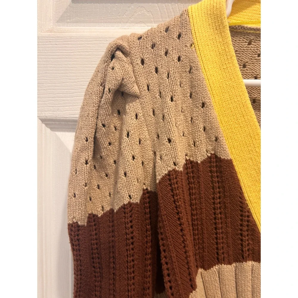 Anthro Calligraphie Womens Striped Puff Sleeve Cardigan Brown Yellow Pointelle L